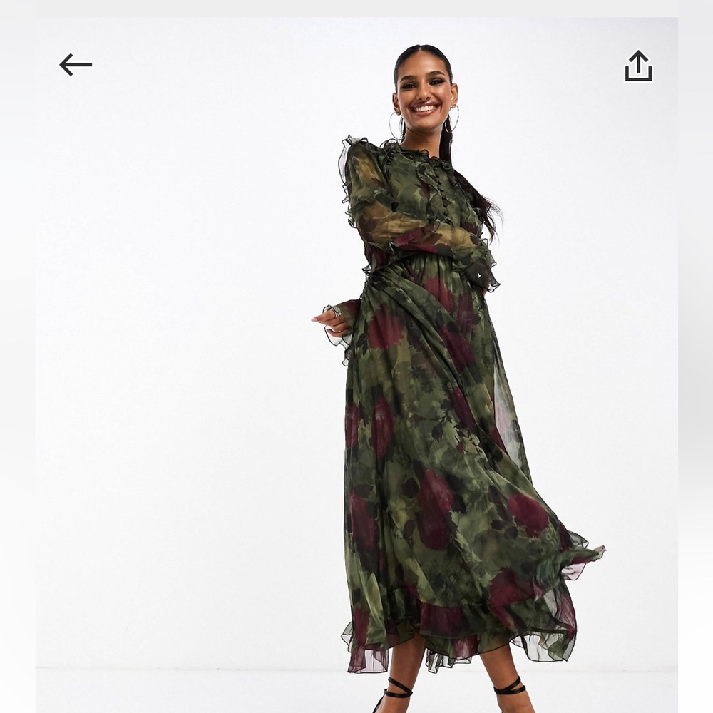 ASOS DESIGN frill midi dress with button detail in green floral print NEW NWT